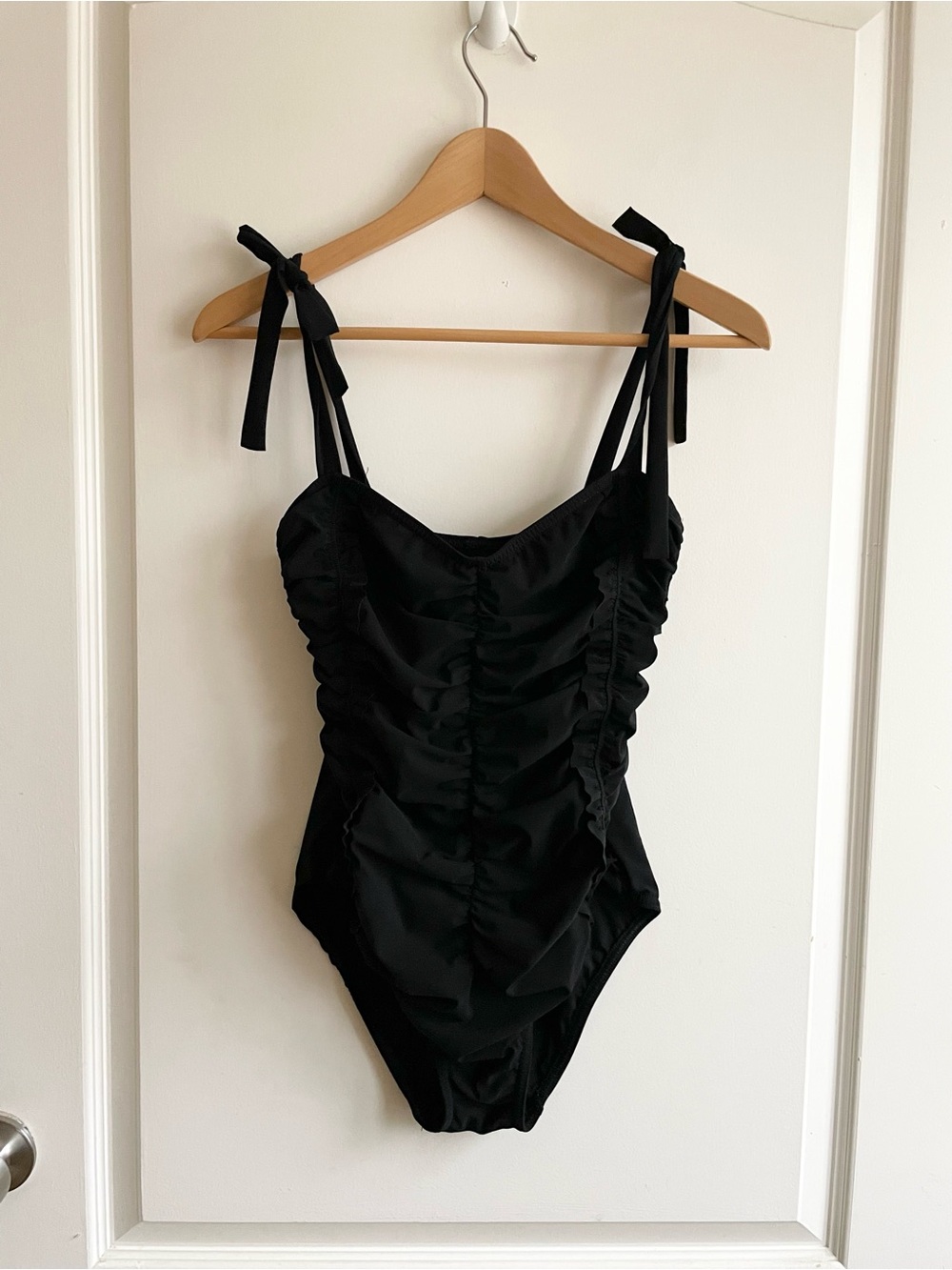 Karla Colletto Ruched Black One Piece Swimsuit Bow Straps  Size 10